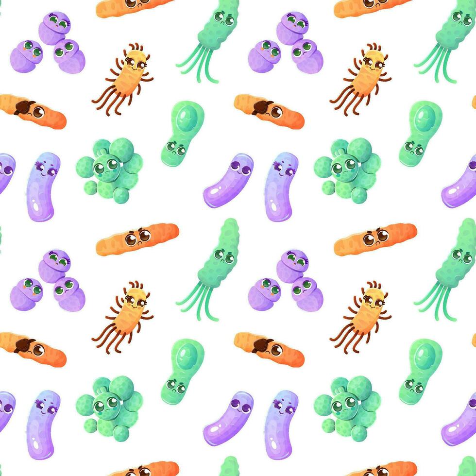 sömlös mönster med tecknad serie bakterie och bakterie tecken på en vit bakgrund. vektor