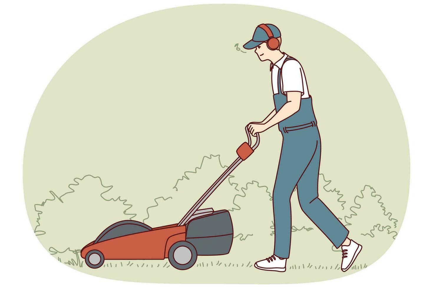 man i enhetlig skära gräs med elektrisk gräsmatta gräsklippare. anställd eller arbetstagare skjuta på gräs trimmer maskin utomhus. vektor illustration.