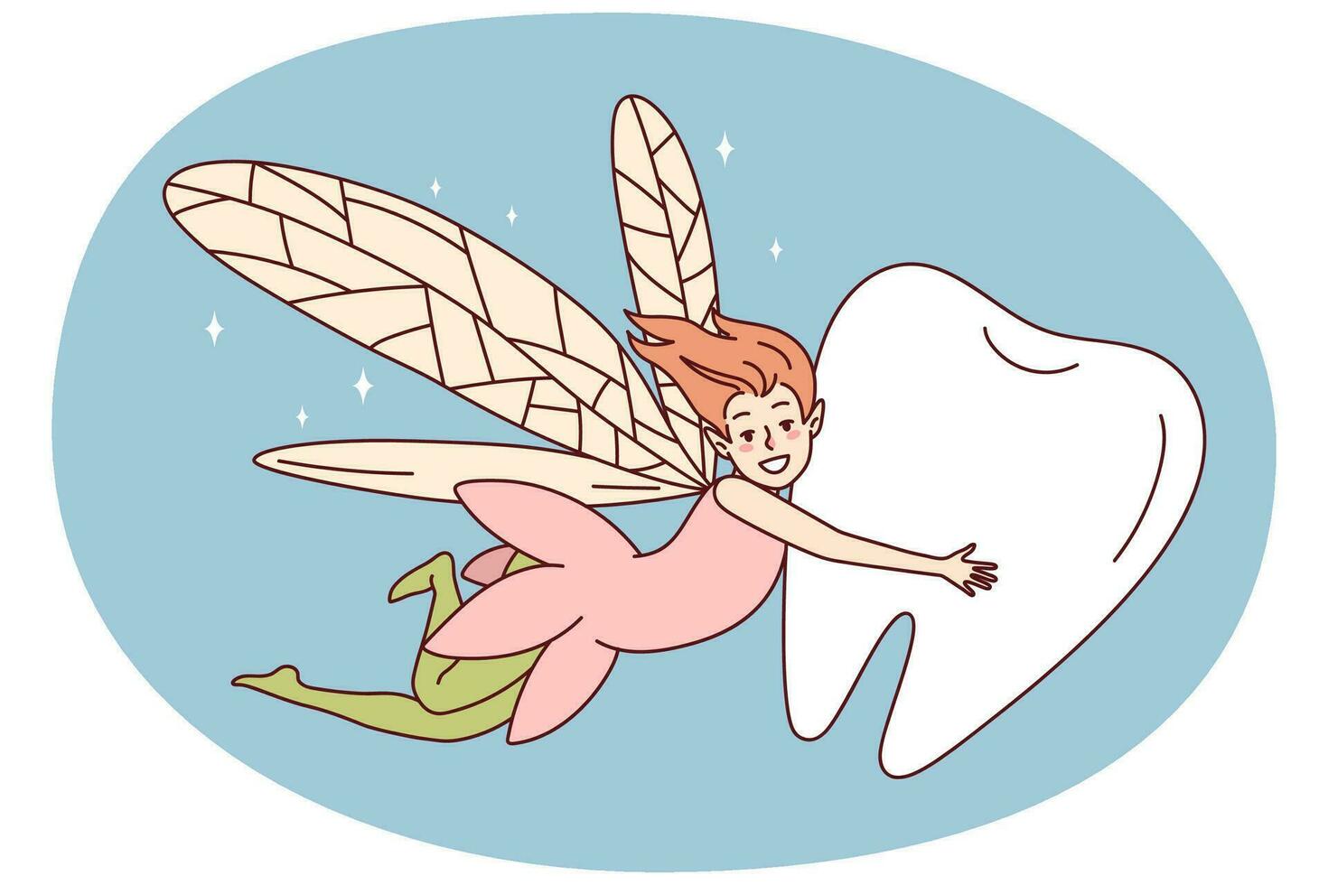 lächelnd Fee fliegend mit Zahn. glücklich pixy Karikatur Charakter mit Kinder Zähne. Vektor Illustration.
