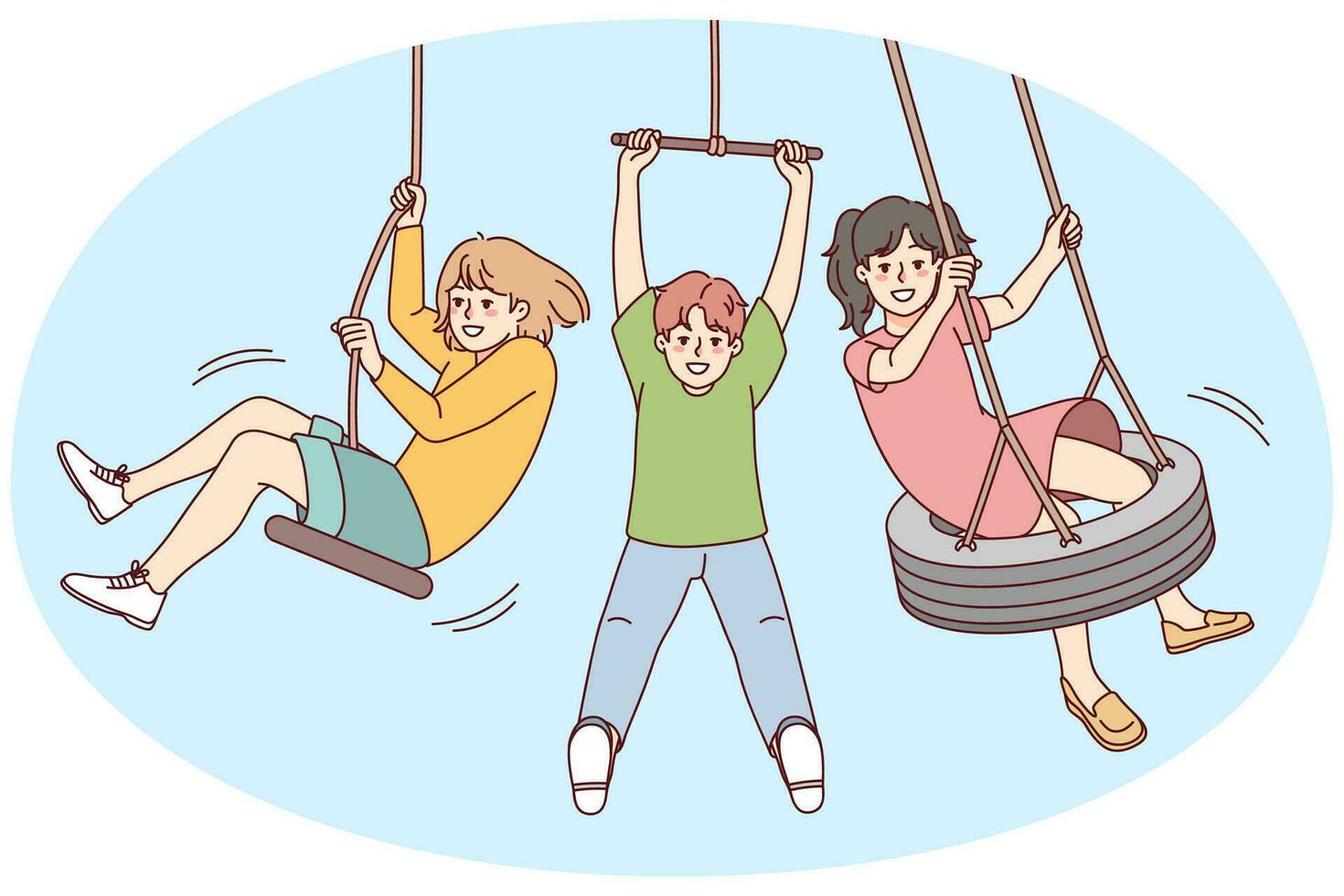 glücklich klein Kinder haben Spaß spielen außen. lächelnd wenig Kinder genießen draussen Aktivitäten während Sommer- Urlaub. Vektor Illustration.