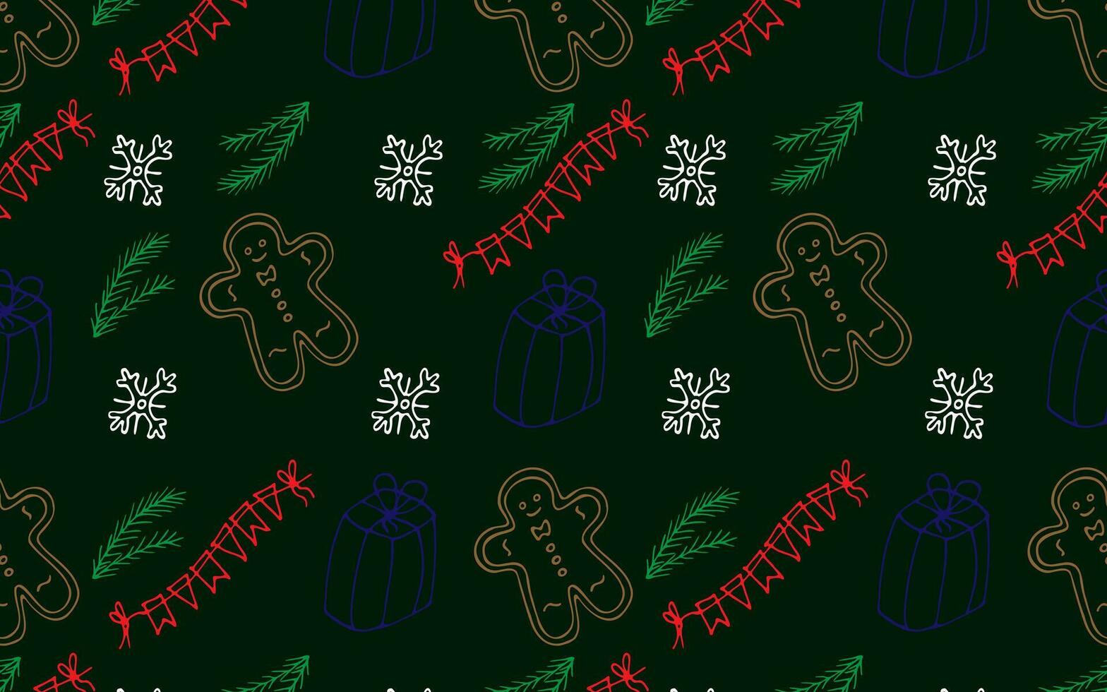 vektor ny år mönster. illustration med pepparkaka, gåva, gran grenar och snöflingor. mönster för textil, Semester omslag, bakgrund för kort.