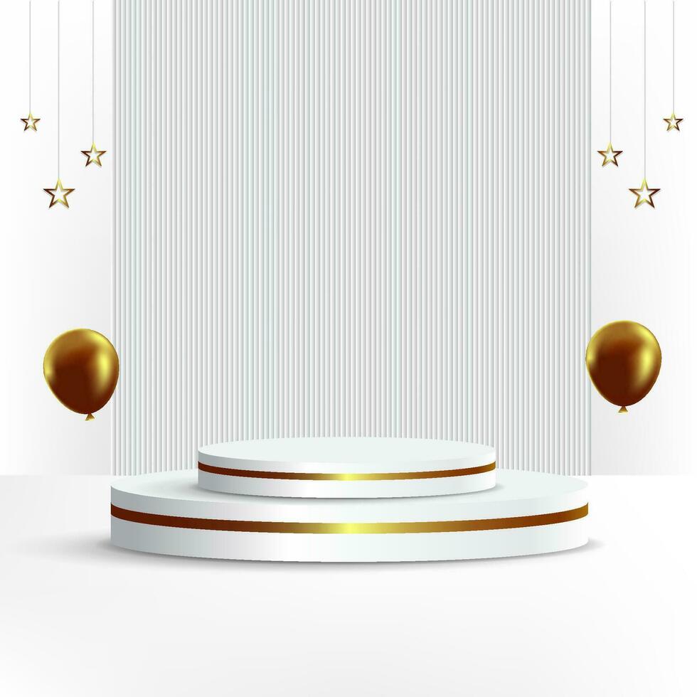 vit och guld podium med ballonger och stjärnor. vektor illustration