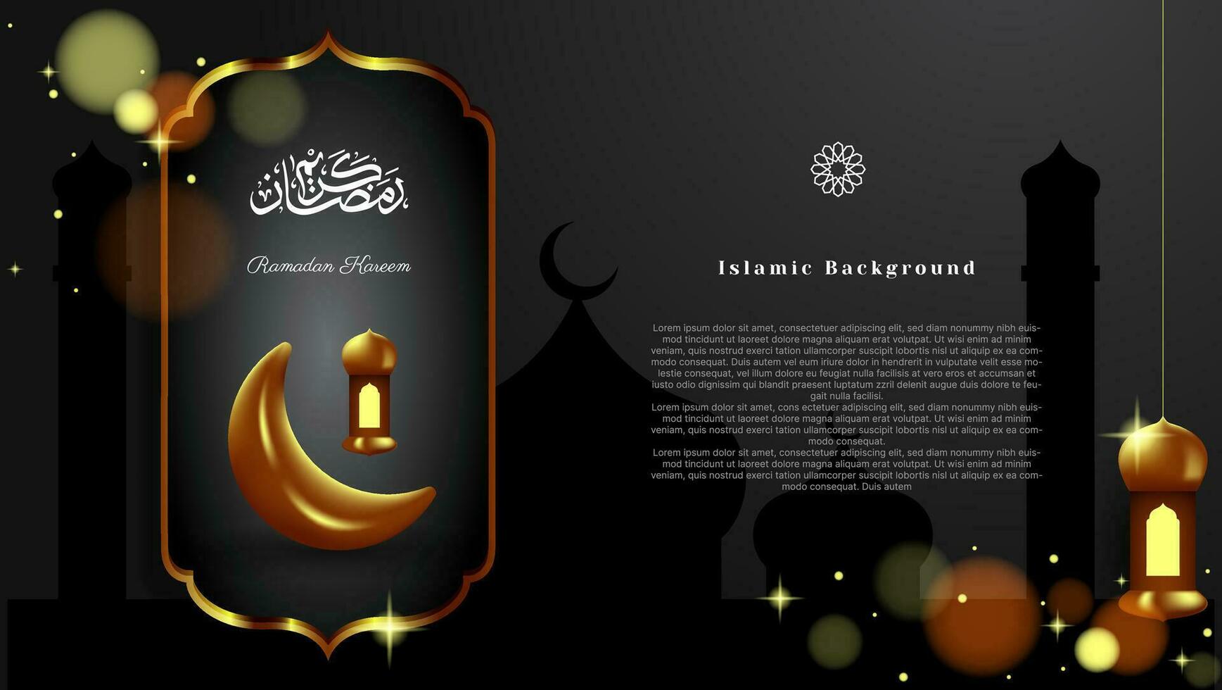 Gold und schwarz islamisch Hintergrund mit Halbmond und Laterne. Ramadan kareem Banner Vektor Design mit Arabisch Kalligraphie.