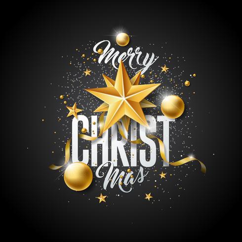 Vektor God julillustration med guldglasskula, utklippspapperstjärna och typografielement på svart bakgrund. Holiday Design