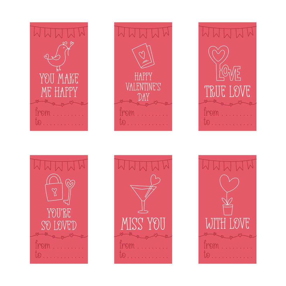 valentines dag tryckbar gåva taggar mall i klotter stil, ritad för hand kärlek tema ikoner och citat. romantisk humör, söt symboler och element samling. vektor