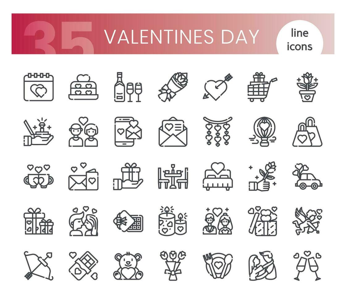 Valentinstag Tag Symbole bündeln. dünn Gliederung Symbole Stil. Vektor Illustration