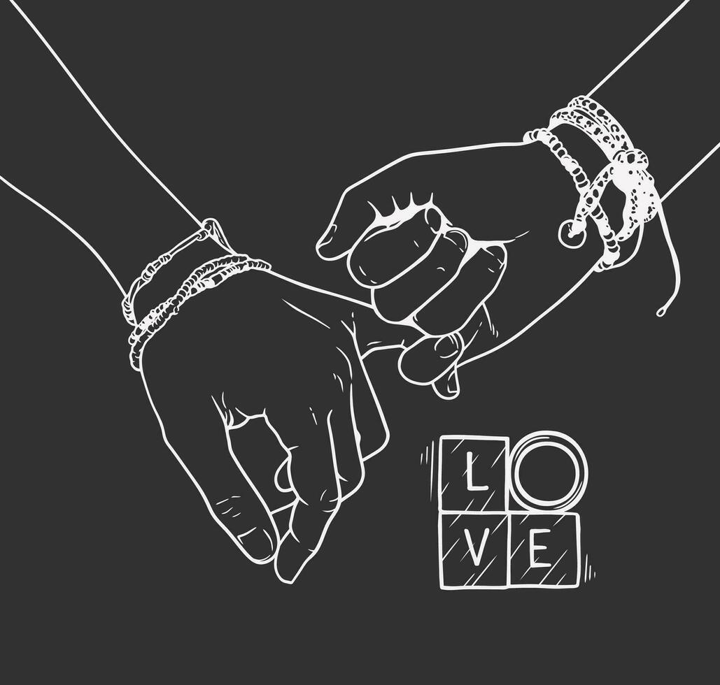 schwarz und Weiß Linie Zeichnung von zwei Hände halten kleine Finger mit das Wort Liebe vektor