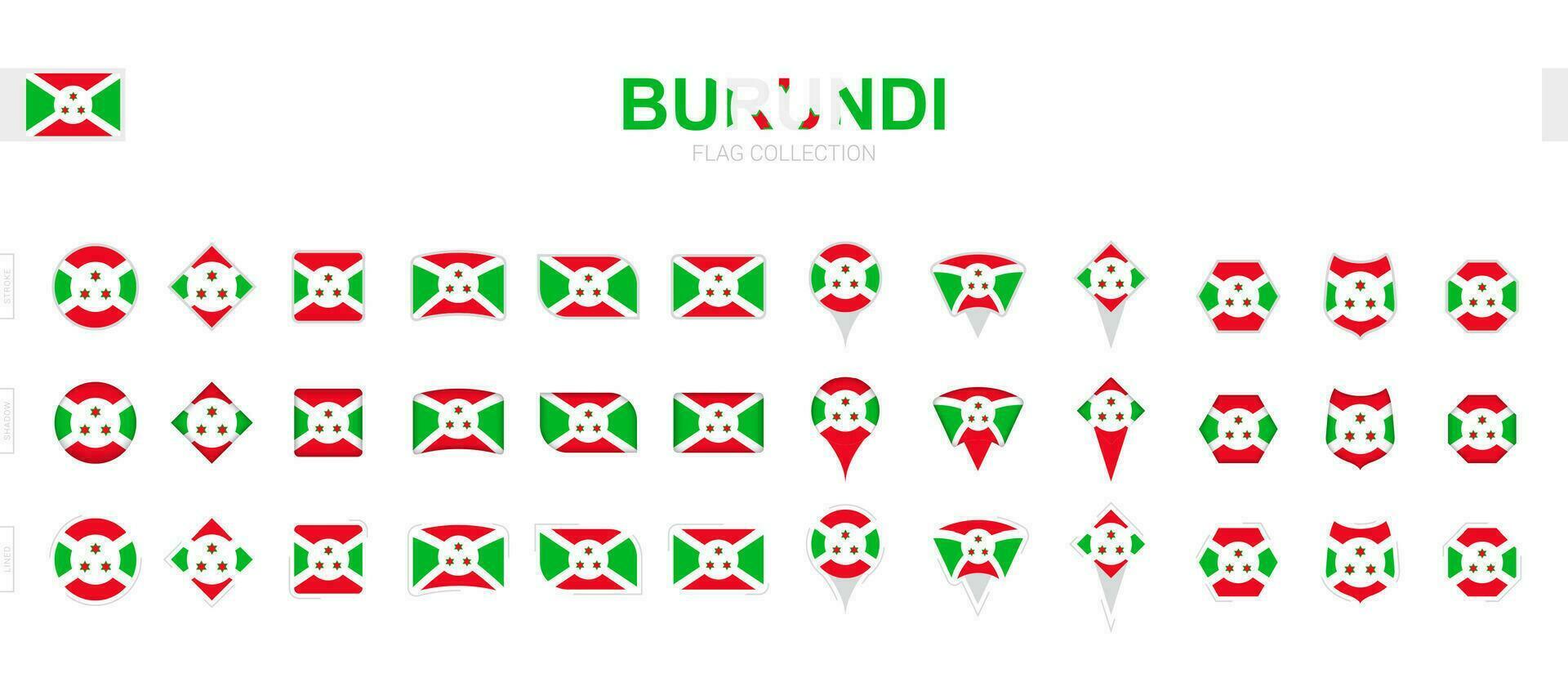 stor samling av burundi flaggor av olika former och effekter. vektor