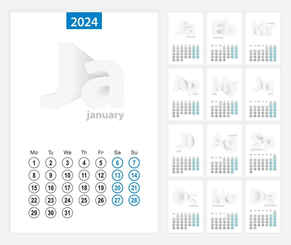 kalender 2024, blå cirkel design. engelsk språk, vecka börjar på måndag. vektor