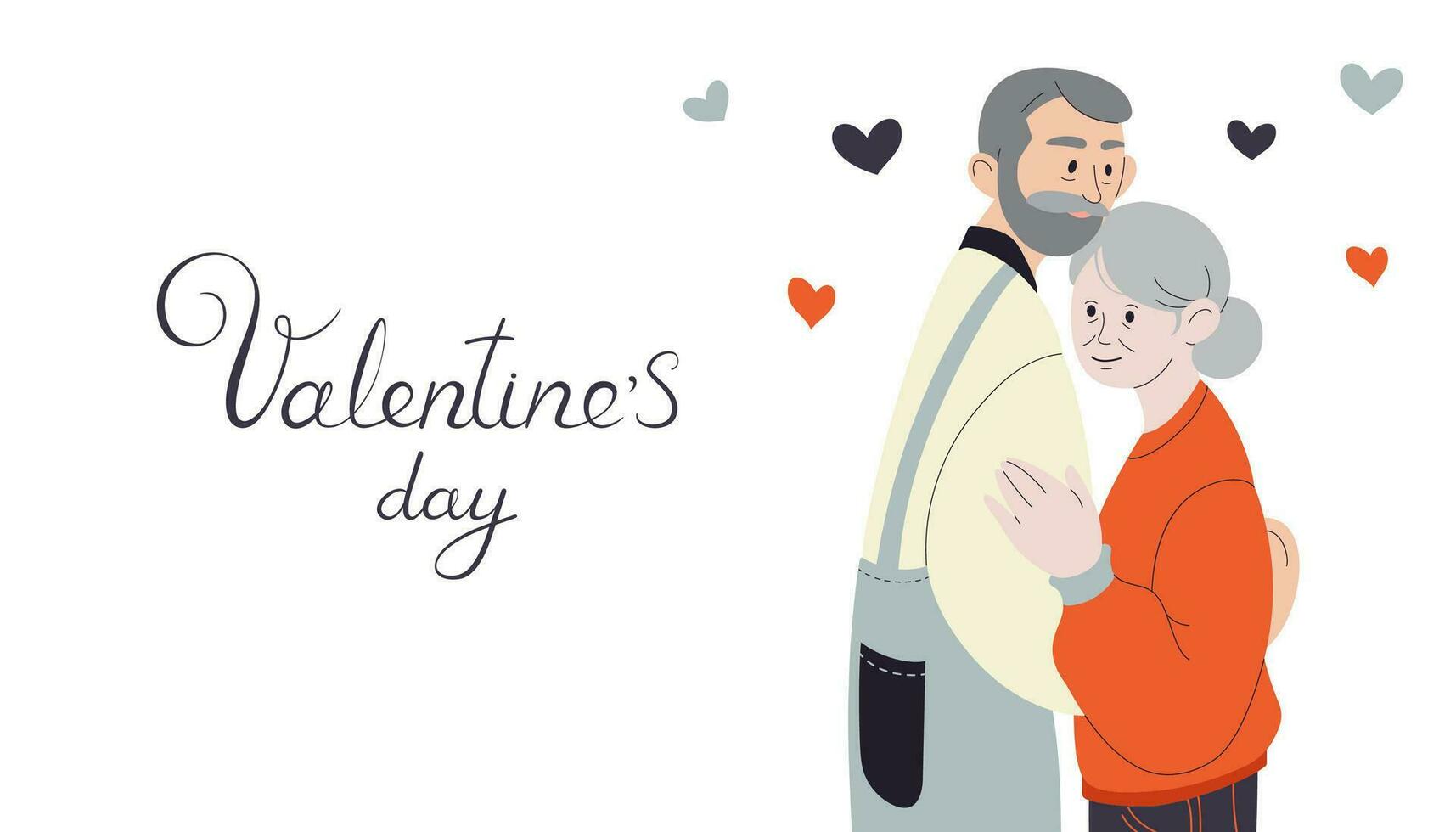 glücklich Valentinsgrüße Tag Netz Banner. alt Menschen im Liebe umarmen. Liebe von alle Alter. festlich Beschriftung. Gefühle von Liebe und Pflege. festlich hell Postkarte, Glückwunsch, Poster. Vektor eben Illustration.