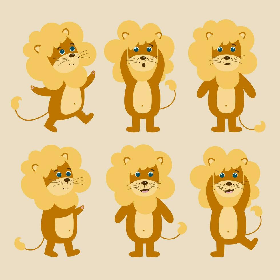 süß Löwe Charakter Vektor einstellen von Illustrationen. Urwald und Tierwelt Tiere posiert und Emotionen.