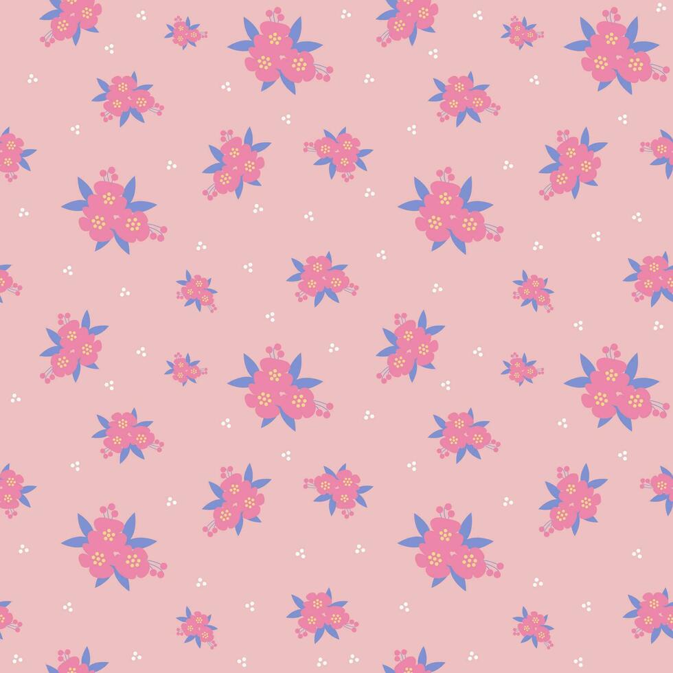nahtlos Blumen- Vektor Muster. Oberfläche Design mit klein Rosa Mohnblumen Pflanzen, Blumen, Blätter, Beeren