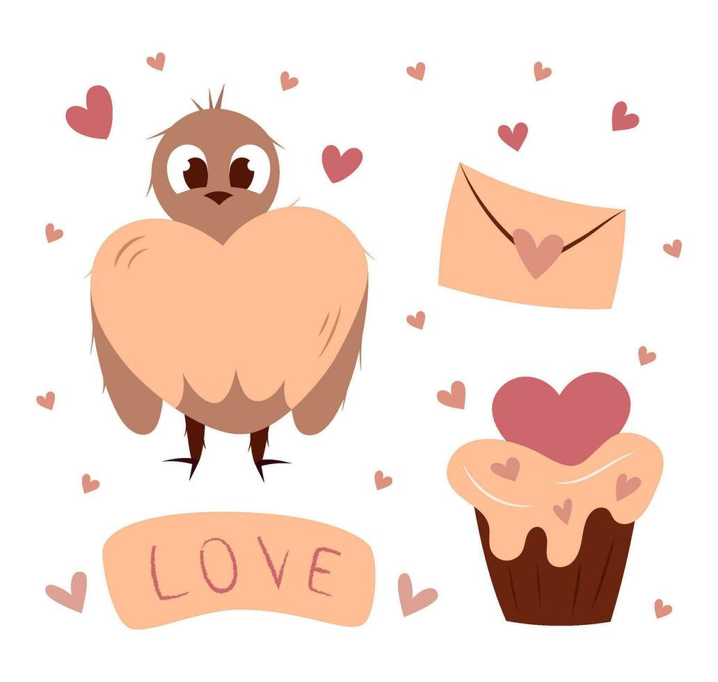 Hand zeichnen Valentinstag Tag einstellen von Vogel, Brief, Cupcakes Beschriftung Liebe und Herzen isoliert auf Weiß. vektor