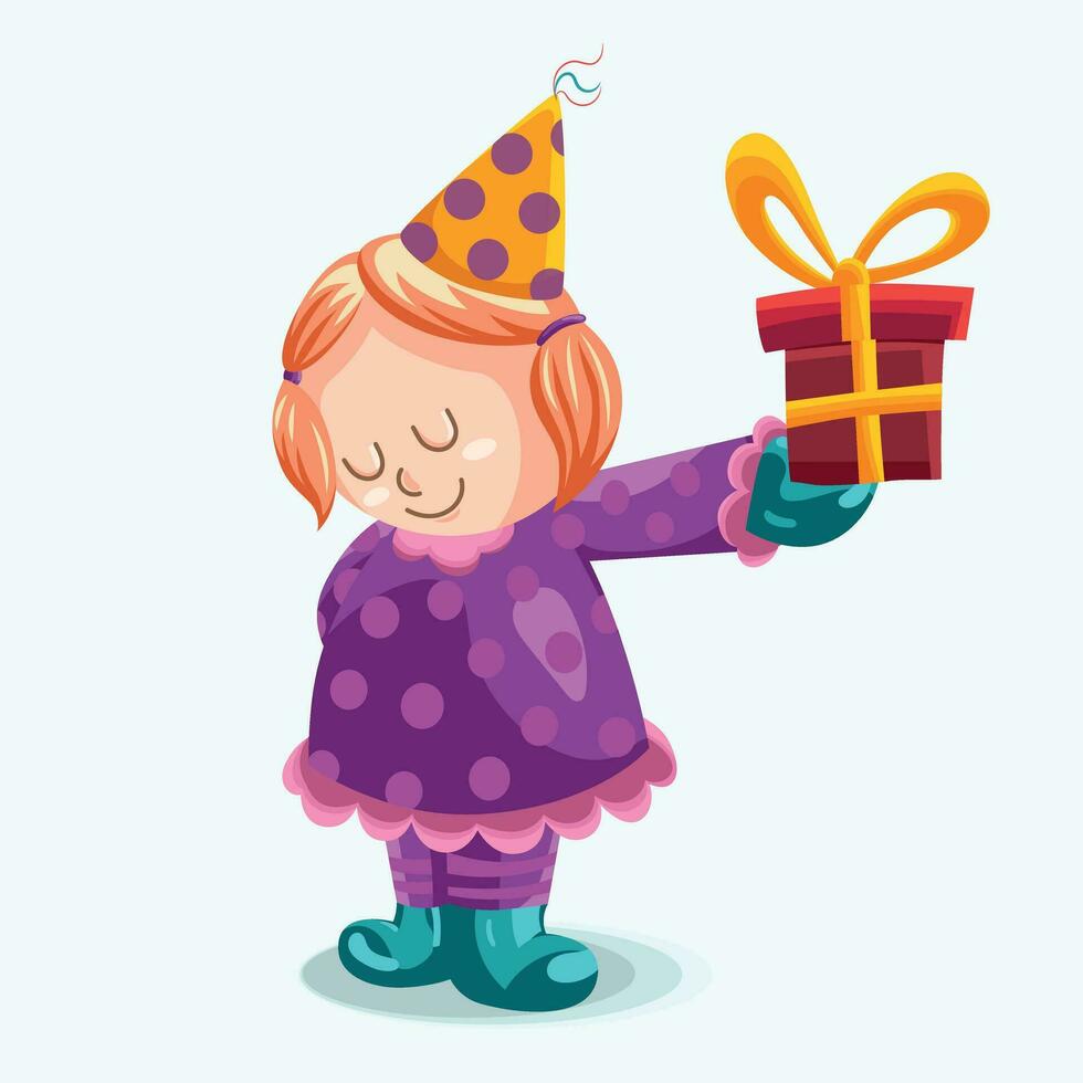 Lycklig flicka ger gåva barnslig illustration i vektor för födelsedag