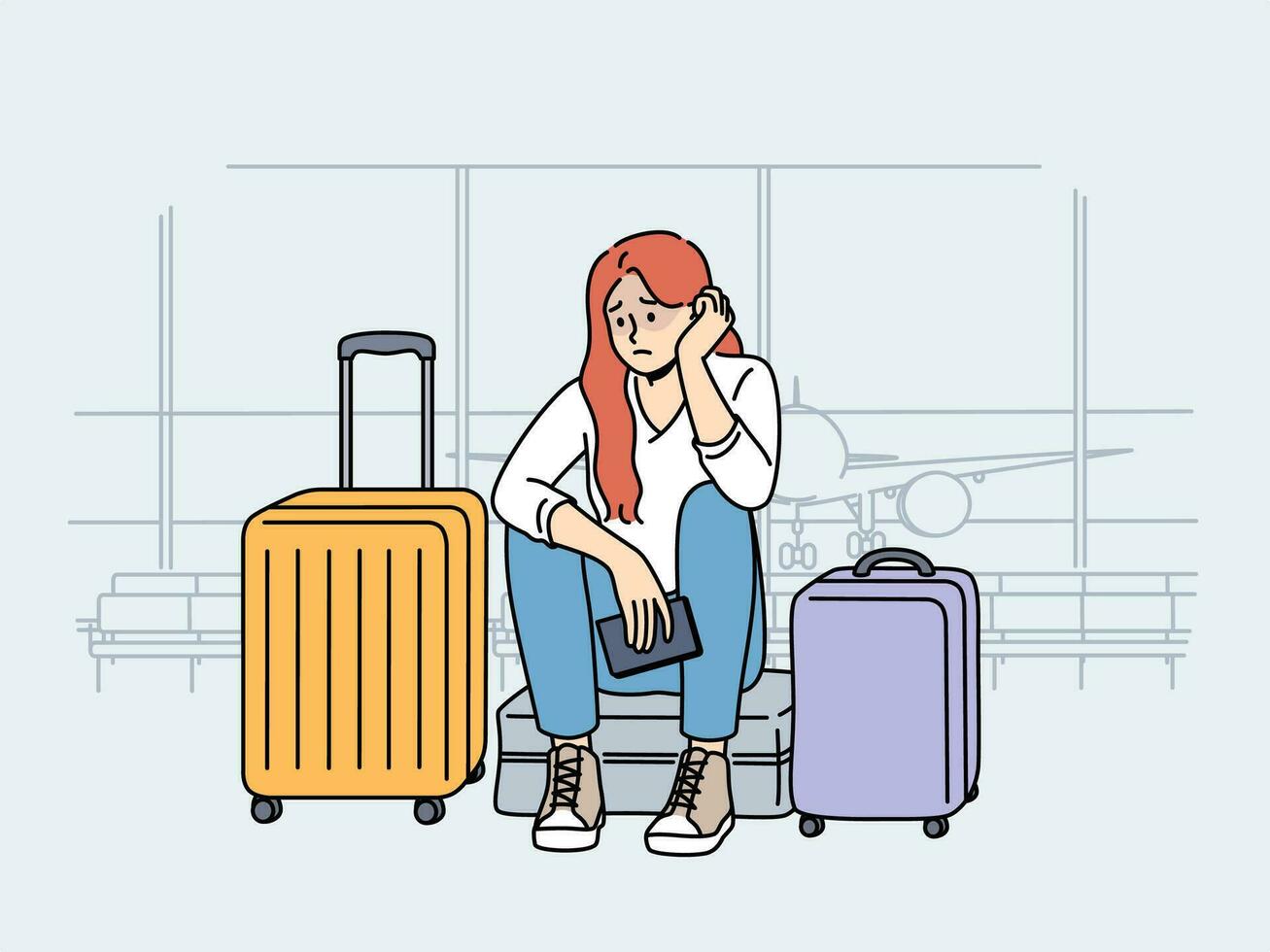 upprörd kvinna flygplats passagerare sitter nära bagage och väntar för plan den där är sent på grund av till dålig väder vektor