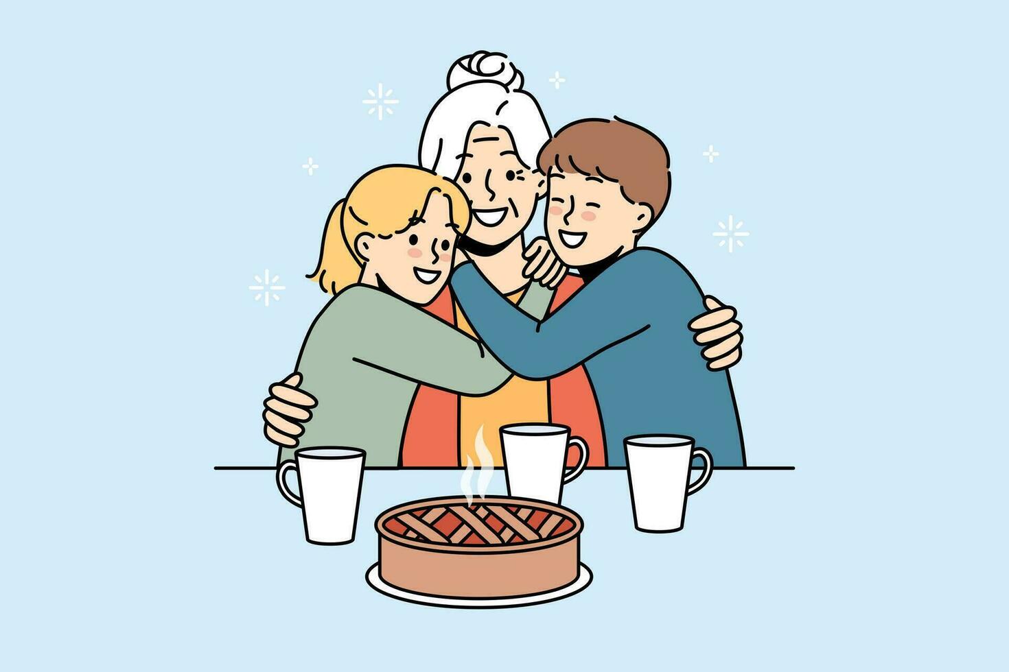 glücklich Familie von Oma und zwei Enkelkinder umarmen Sitzung beim Tabelle mit heiß Kuchen und Tee vektor