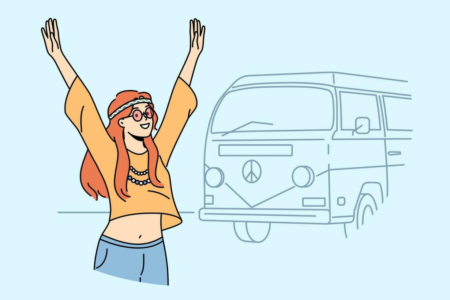 Hippie Mädchen geht auf Sommer- Reise im Minivan und erhöht Hände, Jubel beim Gelegenheit zu entspannen vektor