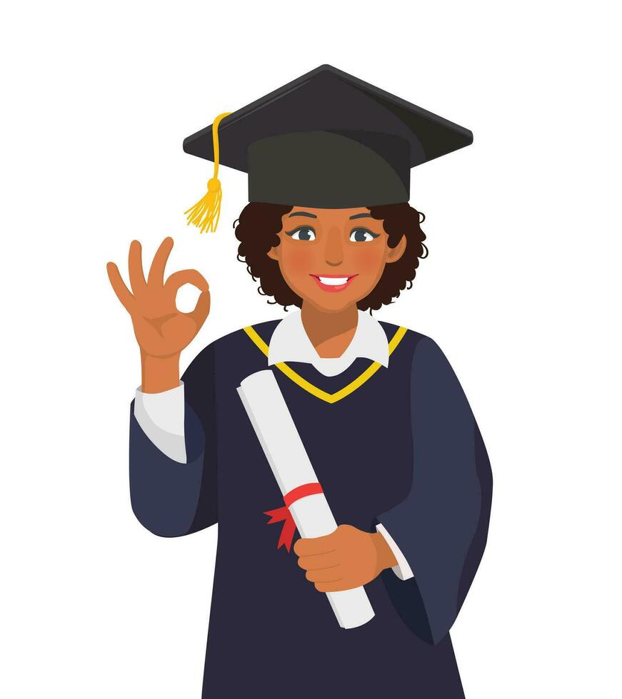 glücklich jung Absolvent afrikanisch Frau im Abschluss Kleid und Hut halten Diplom und Zertifikat zeigen okay Geste vektor