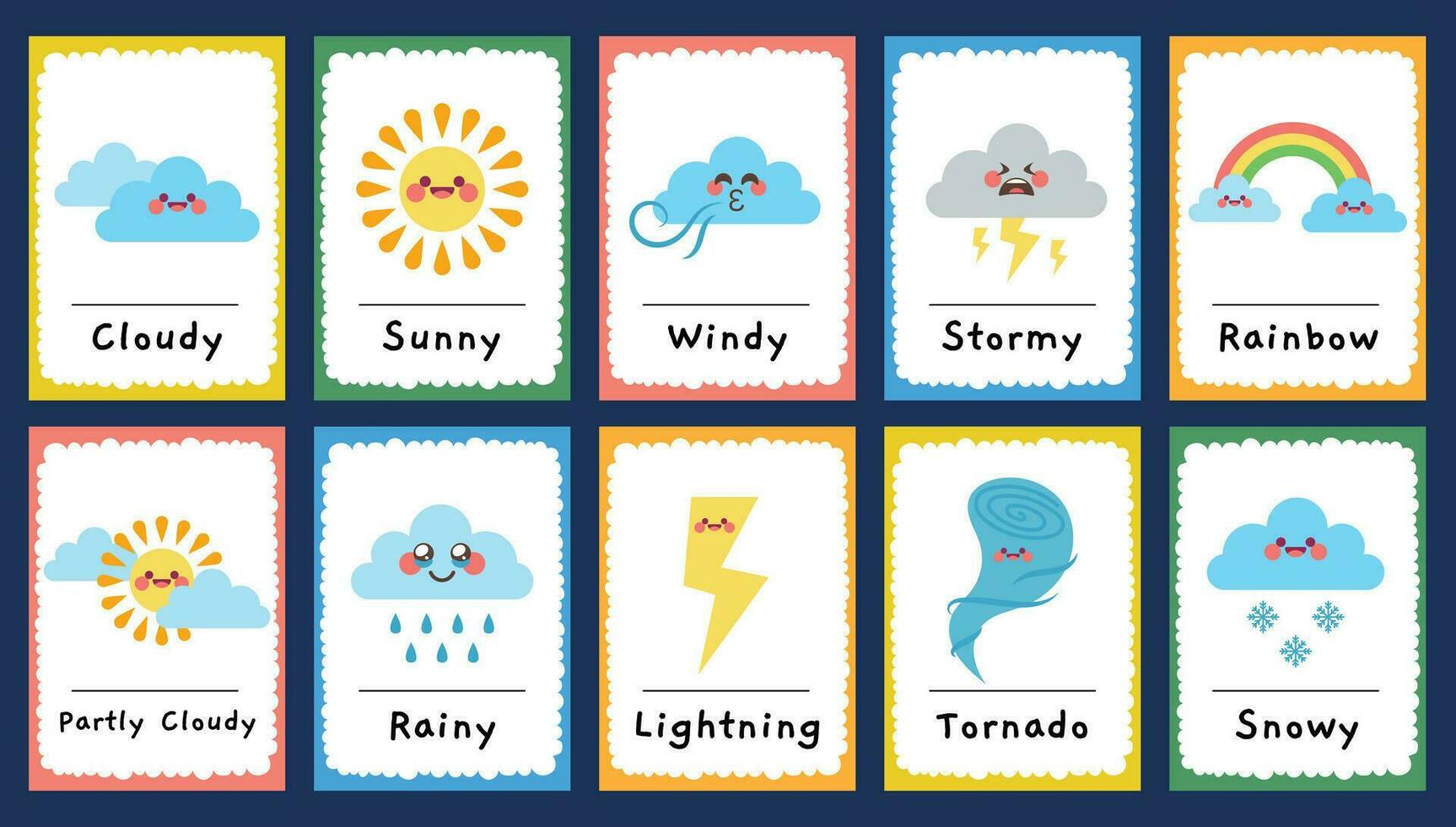 platt design vektor väder Flash-kort kalkylblad tryckbar för barn aktivitet