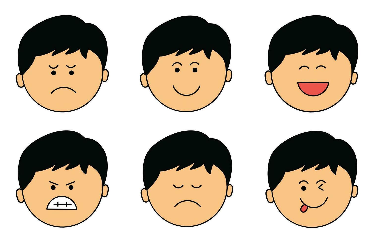 Kinder Zeichnung Junge Gesichter mit anders Emotionen eben Karikatur isoliert einstellen vektor