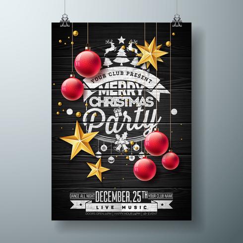 Vektor-fröhliches Weihnachtsfest-Design mit Feiertags-Typografie-Elementen und dekorativem Ball, Ausschnitt-Papierstern auf Weinlese-Holz-Hintergrund. Feier-Flyer-Illustration. EPS 10. vektor