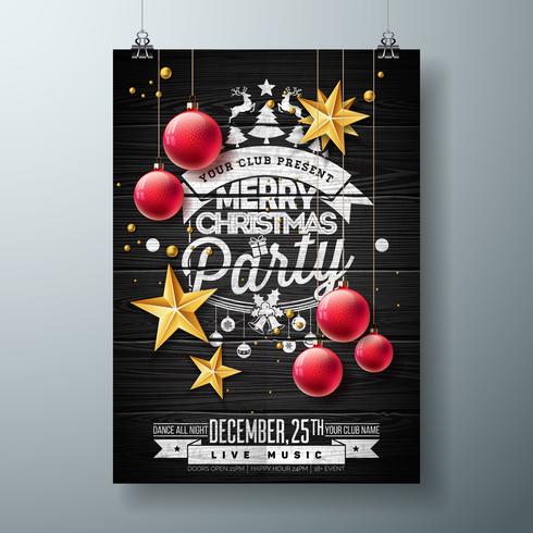 Vektor Glad julfestdesign med Holiday Typografi Elements and Ornamental Ball, Cutout Paper Star på Vintage Wood Background. Celebration Flyer Illustration. EPS 10.