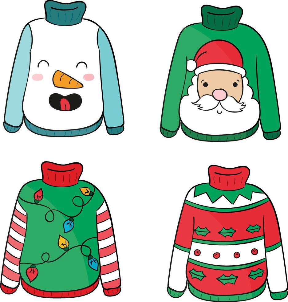 Hand gezeichnet Weihnachten Pullover, Set von Weihnachten Outfits und Accessoires, Weihnachten Urlaub hässlich Sweatshirt Dekoration, Weihnachten Urlaub hässlich Sweatshirt Dekoration vektor