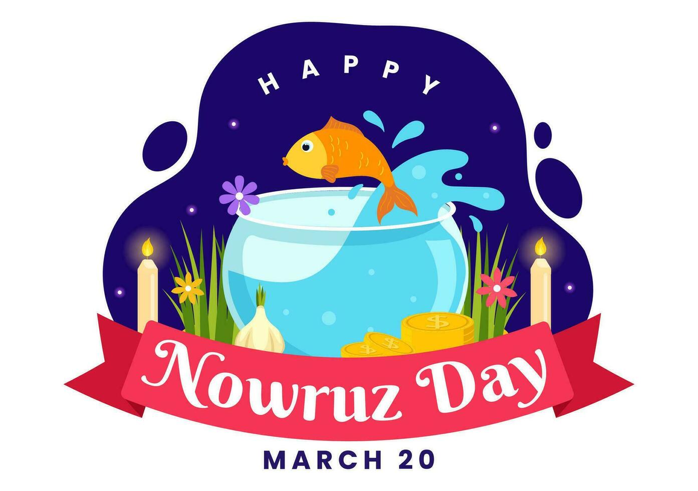 glücklich nowruz Tag Vektor Illustration. Übersetzung persisch Neu Jahr, auf 20 März mit Glas, Fisch, Ornamente Eier und Gras Samen im eben Hintergrund