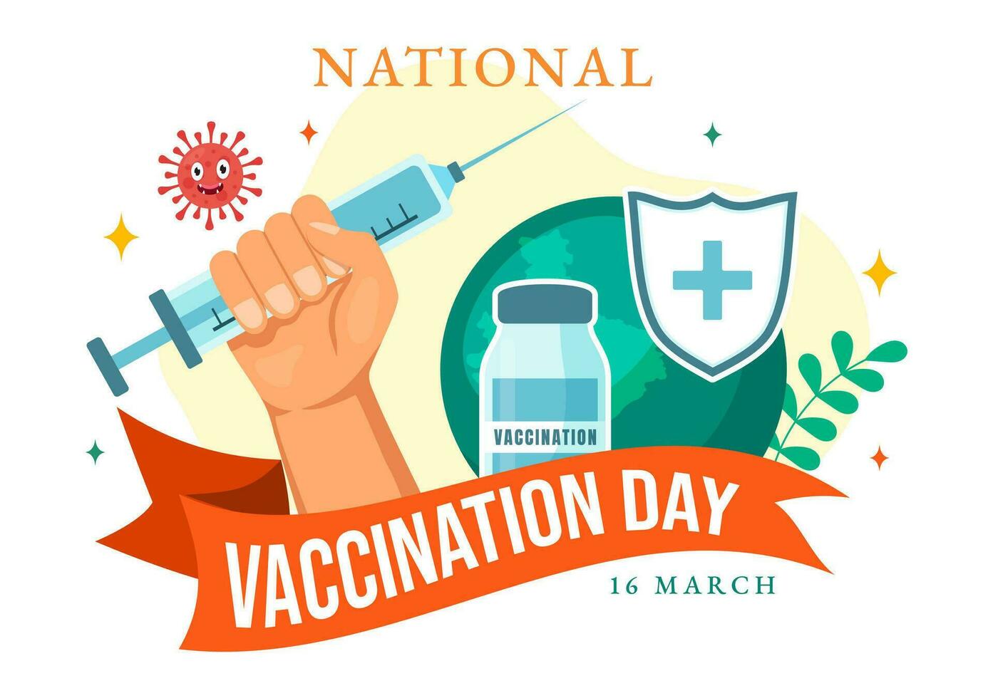 nationell vaccination dag vektor illustration på Mars 16 med vaccin spruta för stark immunitet från bakterie och hälsa vård i platt bakgrund
