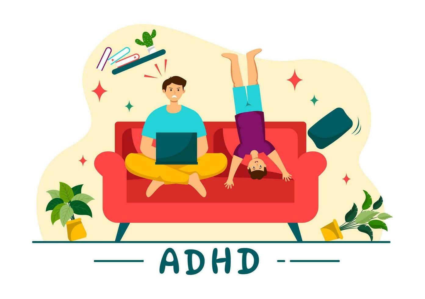 adhd eller uppmärksamhet underskott hyperaktivitet oordning vektor illustration med barn impulsiv och hyperaktiv beteende i mental hälsa och psykologi