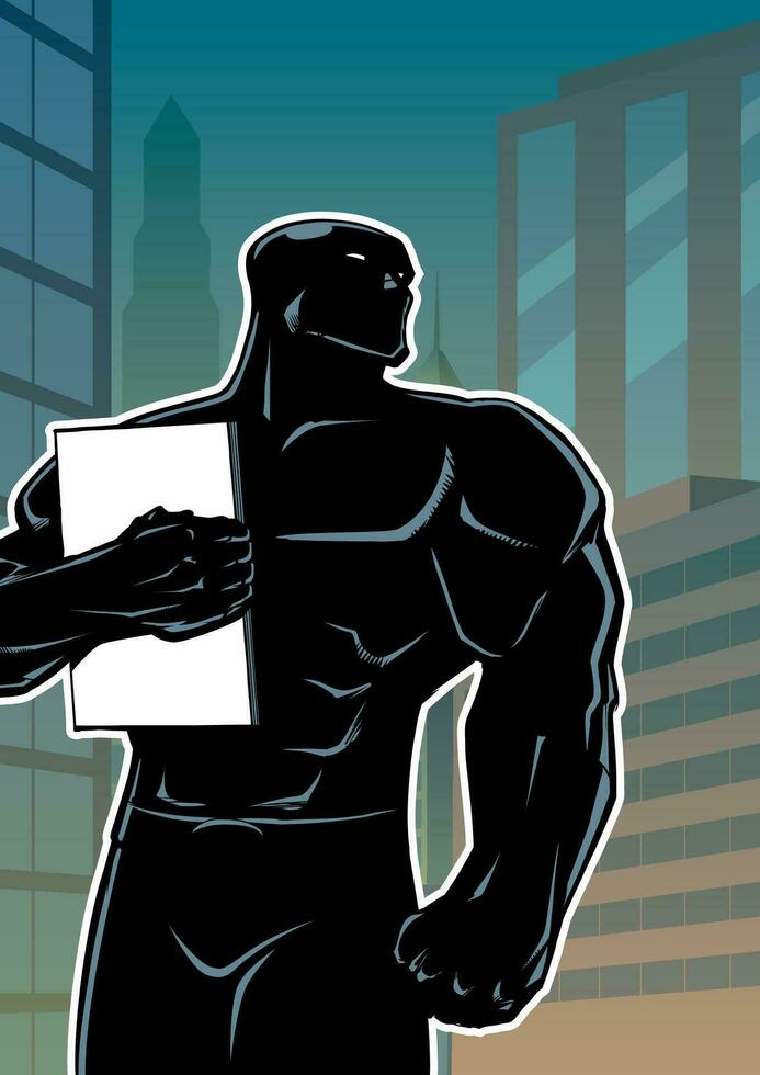 Superheld halten Buch im Stadt Vertikale Silhouette vektor