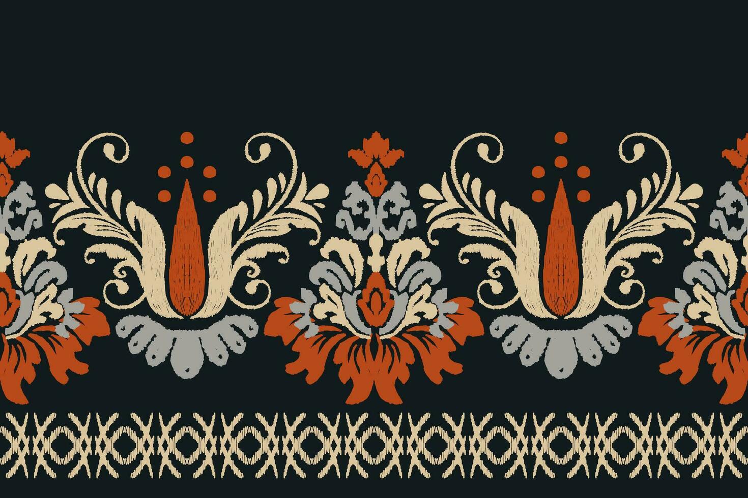 Ikat Blumen- Paisley Stickerei auf schwarz hintergrund.ikat ethnisch orientalisch Muster traditionell.aztekisch Stil abstrakt Vektor illustration.design zum Textur, Stoff, Kleidung, Verpackung, Dekoration, Sarong, Schal