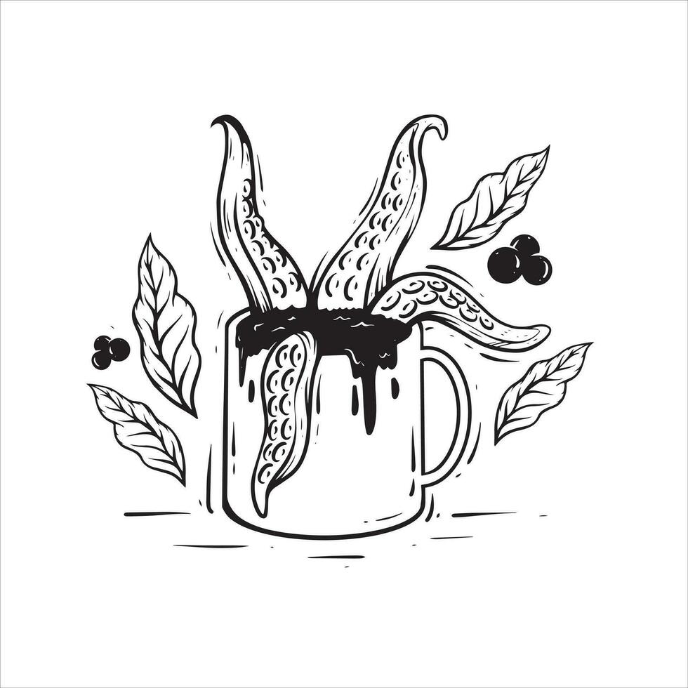 Tentakeln Kaffee Linie Kunst Illustration vektor