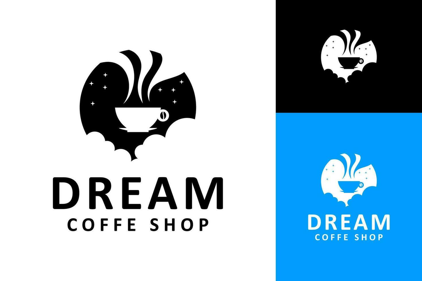 varm kaffe kopp i dröm himmel med stjärnor och moln vektor logotyp design