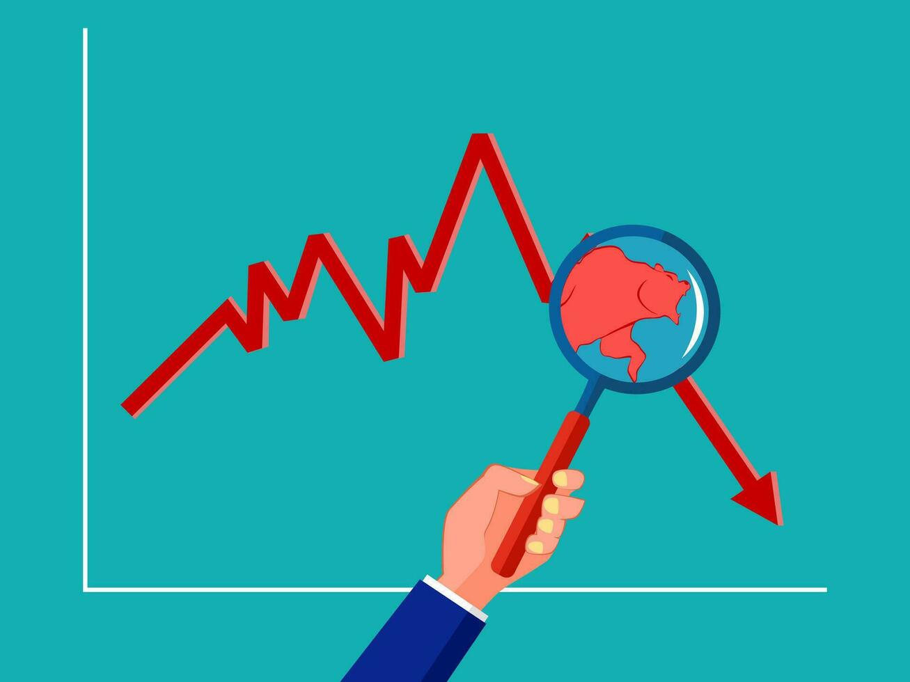 ein Bär Markt im ein Vergrößerung Glas. Abwärtstrend Lager Markt Konzept vektor