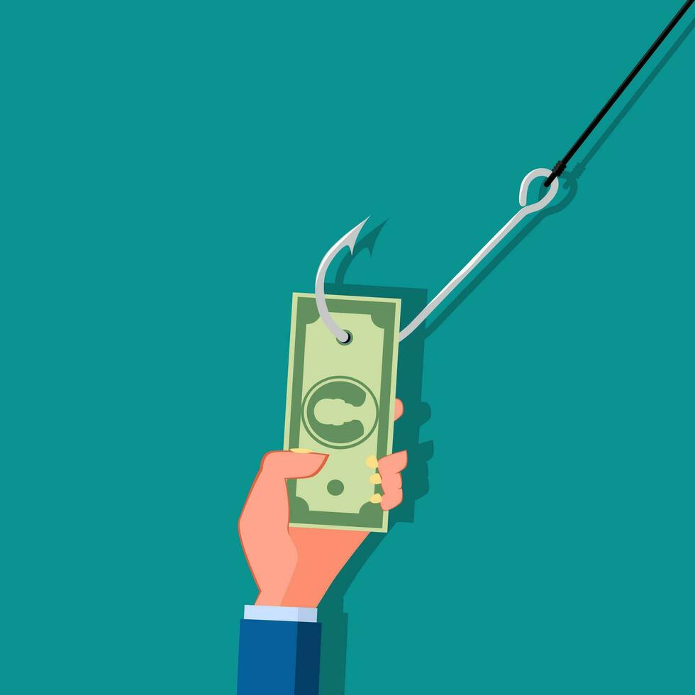 Angeln Stange Phishing Geld Kasse mit Hand. Vektor Illustration