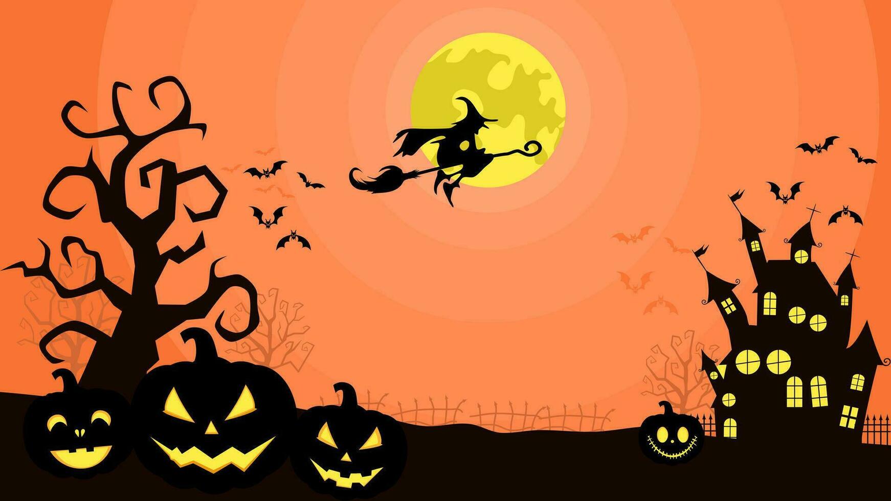 Halloween Vollmond Banner und Hexe. verfolgt Haus. Kürbisse und Fledermäuse vektor