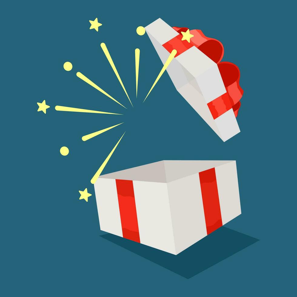 öppen en vit gåva låda med en röd band. överraskning gåva låda. en särskild firande. födelsedag fest vektor