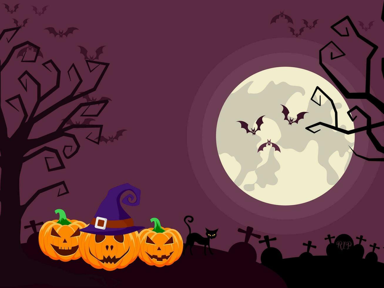 Halloween Banner mit Orange Kürbis und schwarz Katze. voll Mond Nacht im Wald vektor