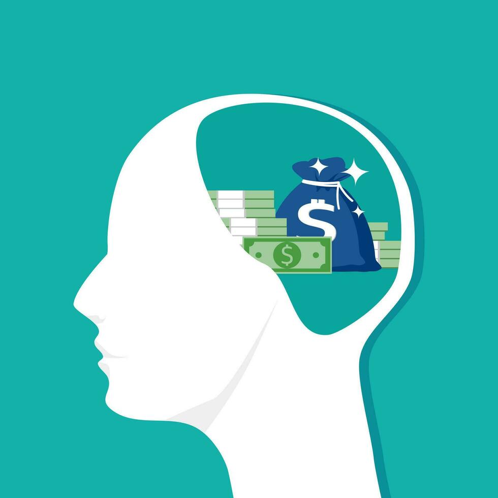 pengar i de mänsklig huvud. människor med finansiell tänkande vektor illustration