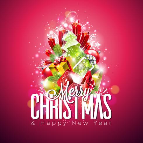 Vector frohe Weihnacht-Illustration auf glänzendem rotem Hintergrund mit Typografie und Holiday Light Garland, Pine Branch, Schneeflocken und dekorativer Ball. Frohes neues Jahr-Design.
