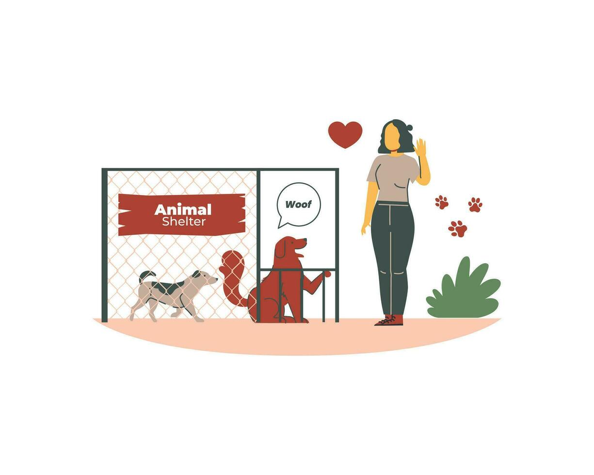 ein Frau steht im Vorderseite von ein Käfig mit ein Hund. das Konzept von Tier Schutz. Vektor Illustration
