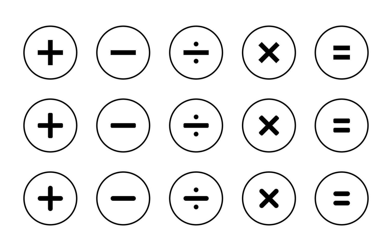 tillägg, subtraktion, division, multiplikation, och jämlikhet ikon uppsättning på cirkel linje. kalkylator symbol vektor