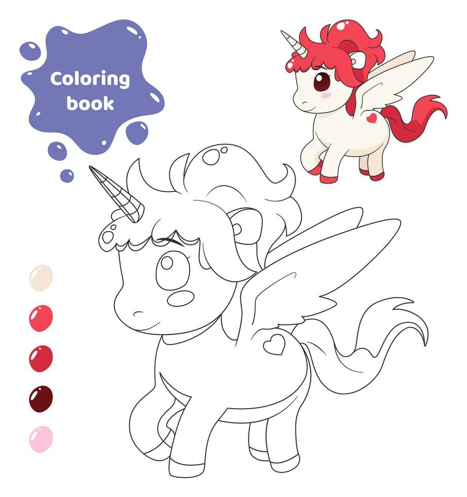 Färbung Buch zum Kinder. Arbeitsblatt zum Zeichnung mit Karikatur Einhorn. süß Tier mit Flügel. Färbung Seite mit Farbe Palette zum Kinder. Vektor Illustration.