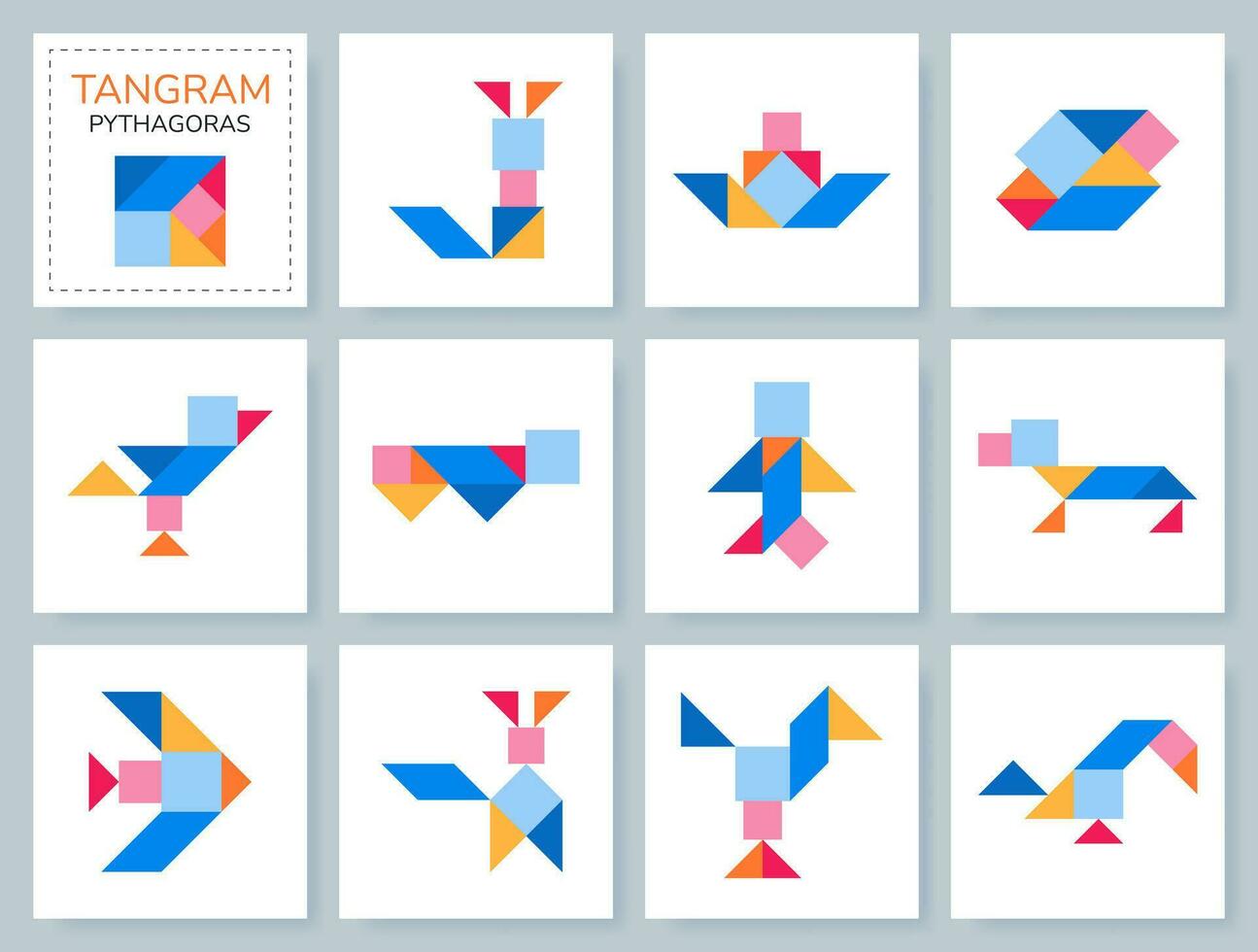 tangram pussel spel för ungar. färgrik geometrisk samling med isolerat objekt. Pythagoras. olika ikoner på vit bakgrund. vektor illustrationer.