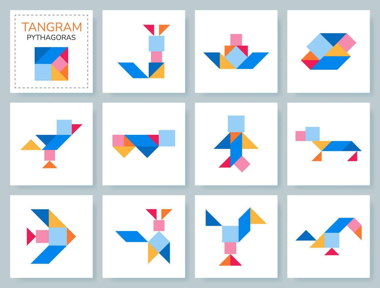 Tangram Puzzle Spiel zum Kinder. bunt geometrisch Sammlung mit isoliert Objekte. Pythagoras. verschiedene Symbole auf Weiß Hintergrund. Vektor Illustrationen.