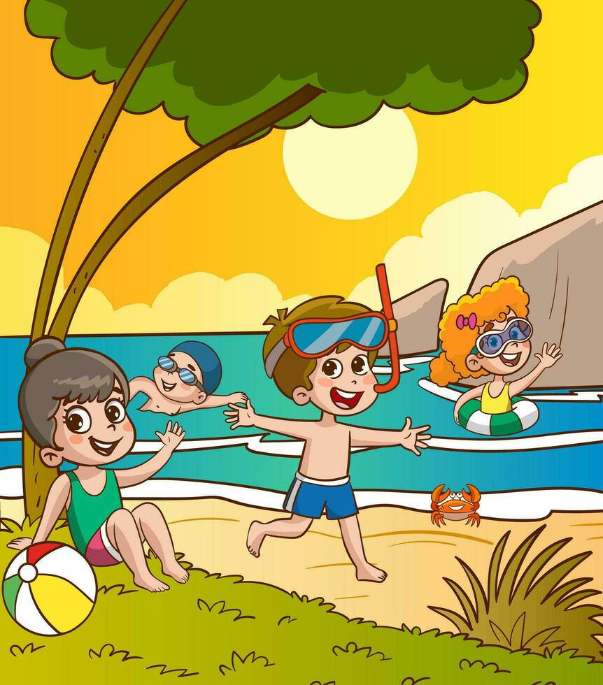 Kinder spielen auf das Strand Karikatur Vektor Illustration. Sommer- Ferien Konzept.