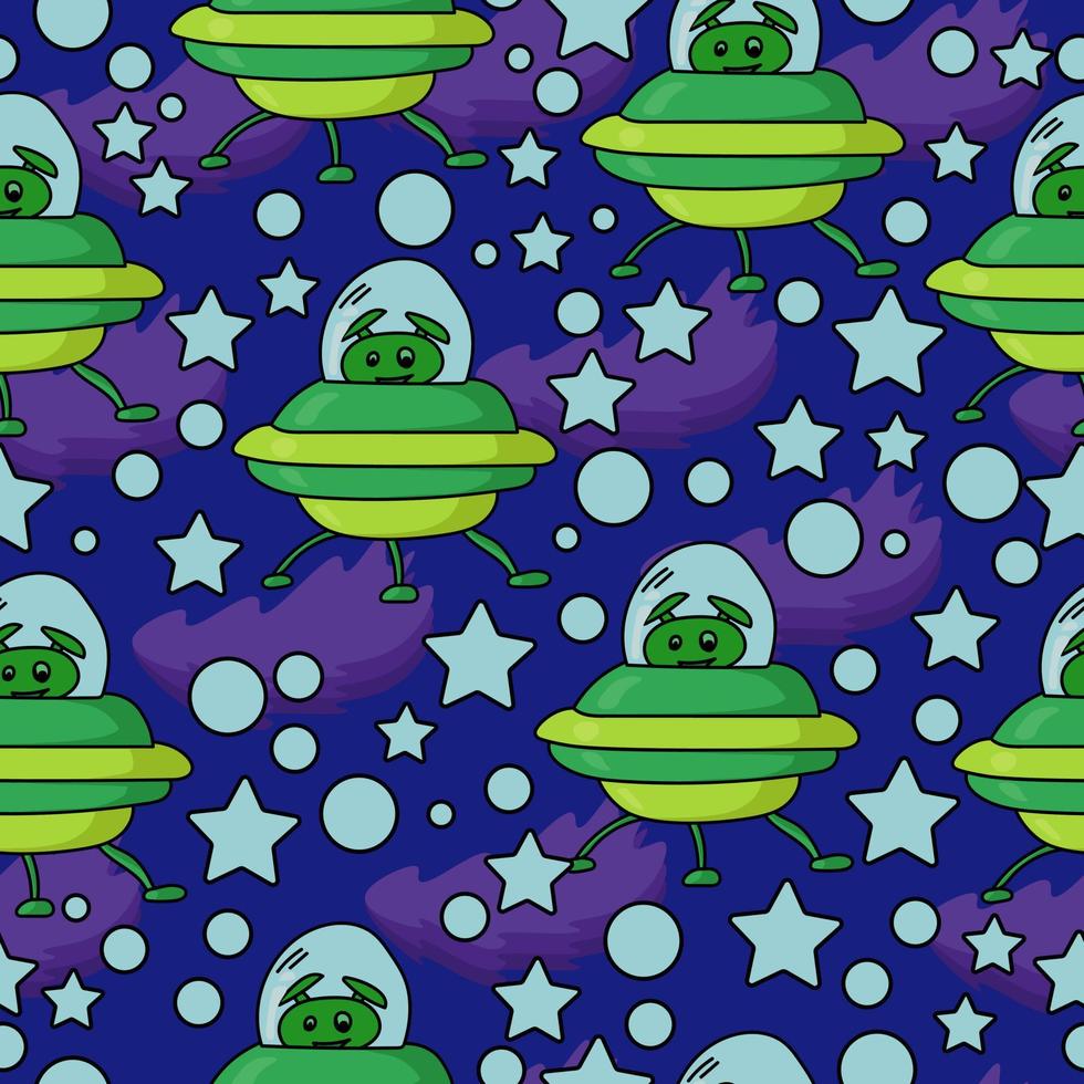 roligt grönt främmande sömlöst mönster, ufo och stjärnor på en mörkblå bakgrund vektor