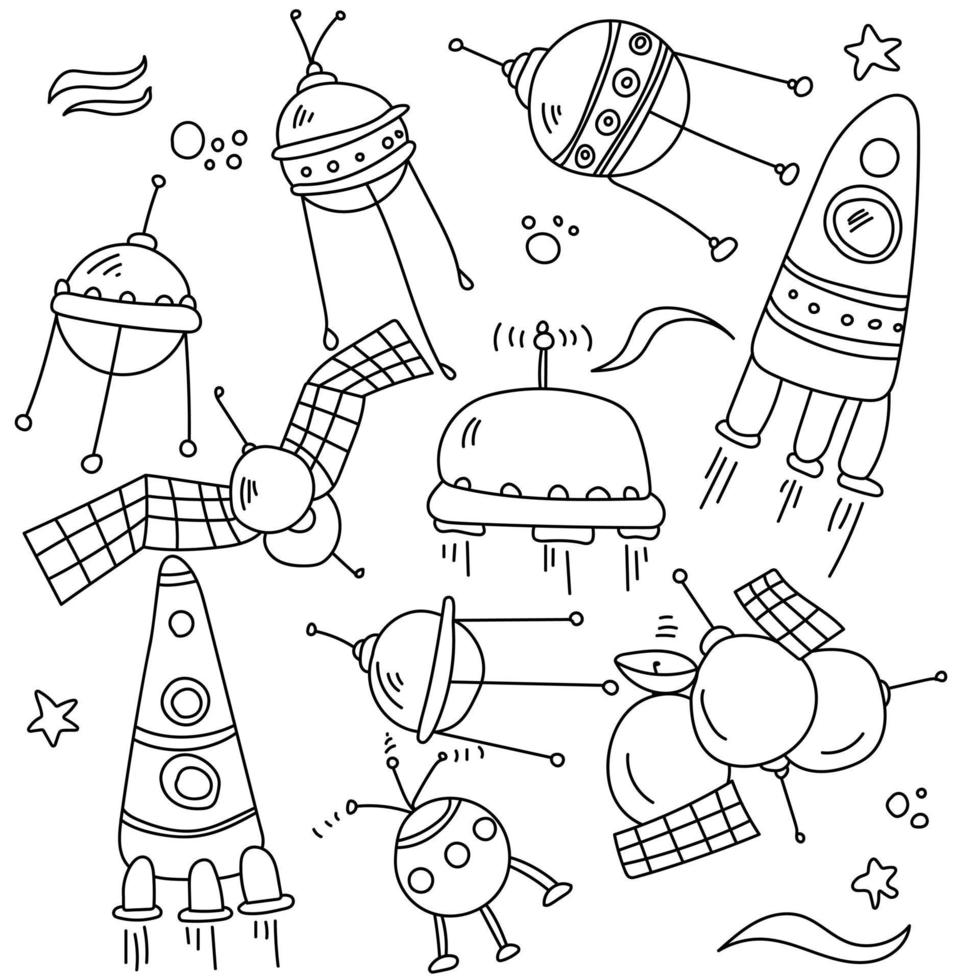 Raumschiff-Doodles, Umrisssatelliten und Raketen zum Ausmalen oder Designen vektor