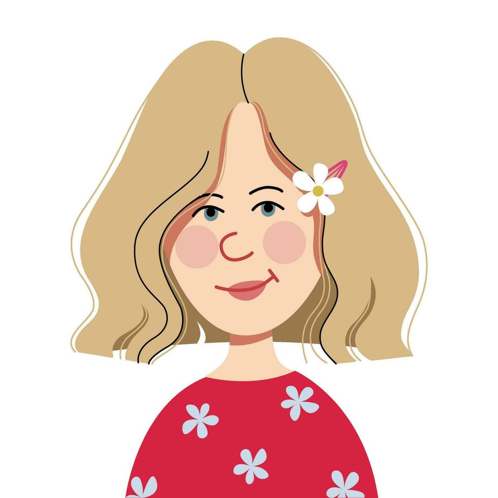 wenig glücklich blond Mädchen Benutzerbild. Porträt von ein Niedlich, Smiley Kind Mädchen. Benutzerbild Gesicht von ein Schulmädchen. Vektor Kinder- Kopf Illustration isoliert auf ein Weiß Hintergrund. Karikatur Charakter.